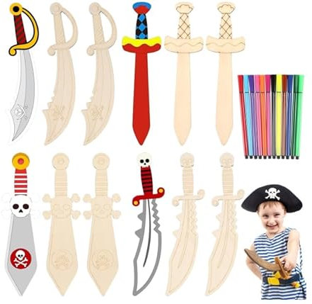 HENGBIRD 12 Pcs Bastelset Schwert Kinder 4 Jahre mit 12 Farbige und 2 Pinsel,Basteln Ab 4 Jahre Bastelsets für Kinder,Kindergeburtstag Basteln,Ab 3 Jahre,für Piratenparty,Geburtstagsfeier
