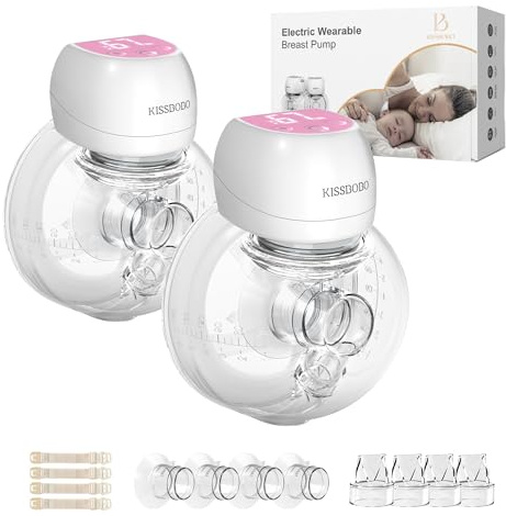 KISSBOBO Electric Breast Pump, Plainless Hands Free Wearable Breast Pump, 3 Modes & 9 Levels with LCD Display, Low Noise Rechargeable Wireless Portable with 21mm/24mm Flanges (Pink 2 Pieces)