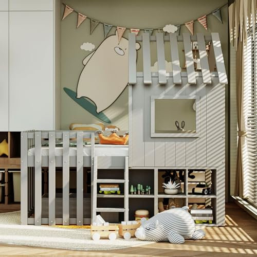 Luxeza Kinderbett Hausbett 90x200, mit Dach und Fenster, mit offenem Stauraum, mit Kletterleiter, Massivholz-Kinderetagenbett ohne Matratze (Grau)