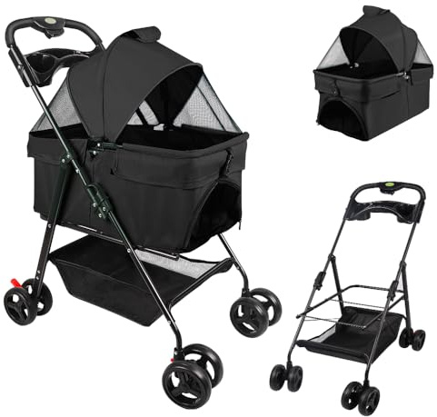 Homewell 3 in1 Faltbar Hundewagen Hundebox Transporttasche, klappbar Katzenwagen, Ablagekorb, Netzfenstern, Getränkehalter,für kleine Hunde Katz
