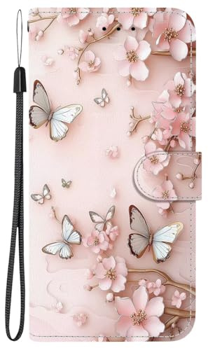 Dfjhure for Motorola Moto G06 Case Leather Wallet Protective Cover with Stand Magnetic Card Holder Flip Folio Shockproof Phone Cases for Motorola Moto G06, Pink Butterfly