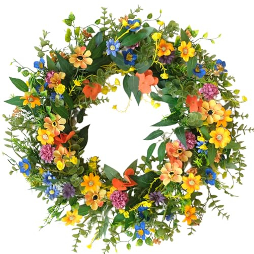CIR OASES 20 Inch Summer Colorful Floral Wreath for Front Door, All Seasons Wildflower Wreath with Olive & Boxwood Leaves, Everyday Floral Door Wreath for Indoor Outdoor Use