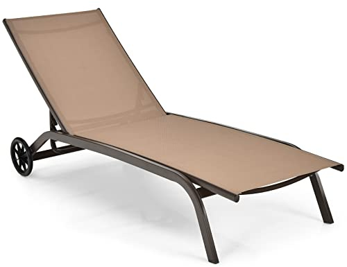 COSTWAY Sonnenliege mit Rollen, Gartenliege mit Verstellbarer Rückenlehne | Liegestuhl mit schnell trocknendem Stoff, Relaxliege bis 150kg belastbar, für Garten, Balkon, Terrasse, Braun