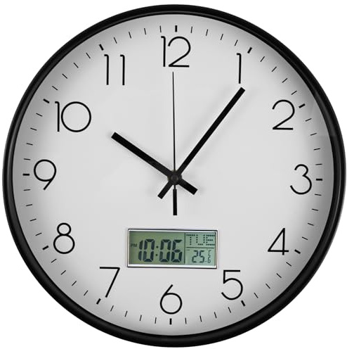 BAODBF Digitale Funkuhr Wand LCD Display Lautlos Wanduhr Weiß 29.5 cm | Geräuschloses Quarzwerk zeigt Monat Datum Wochentag Temperatur für Wohnzimmer Badezimmer Büro Küche Rundes Glas Ziffernblatt