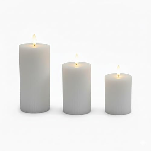Relaxdays LED Kerzen, 3er Set, 3 Größen, flackernde Flamme, Echtwachs, mit Rillen, flammenlose Elektrokerzen, Farbwahl