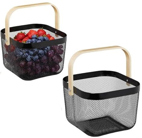Drahtkorb mit Henkel,Garten-Erntekörbe,Eckiger Aufbewahrungskorb,Tragekorb im Loft-Style, für Küche Bad Picknickc,18 x 24,5 x 24,5 cm,2 Stück(Schwarz)