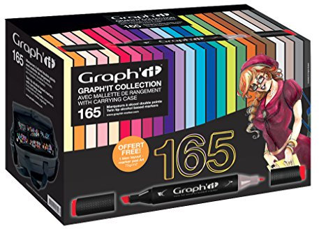 Graph'it - Coffret de 165 Marqueurs à Alcool Double Pointe : 150 Fines et Biseautés et 15 Brush Extrafine et Pinceau - Manga et Illustration - Mallette de Transport - Bloc Layout A4