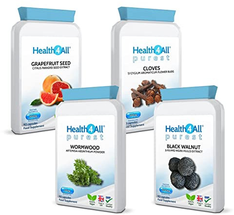Health4All Strong Intestinal Health Set, Grapefruit Seed Extract, Wormwood, Black Walnut, Cloves, 4x90 360 Capsules, Candida Overgrowth Cleanse & Detox Antifungal Vegan Supplement | Made in UK