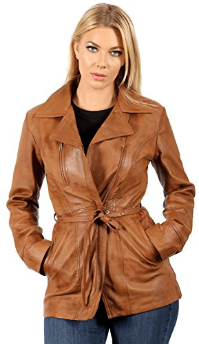 Infinity Leather Damen Bräunen Nappa Leder Bikerjacke mit Bindegürtel