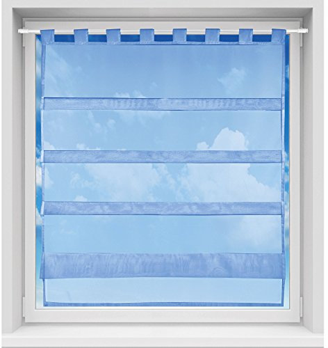 Bistrogardine in transparent mit Raffoptik, einfarbige und lichtdurchlässige Voile-Scheibengardine mit Schlaufe, in vielen Größen verfügbar (90 x 110 cm/blau - aquablau)