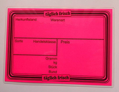 20 laminierte Preisschilder 154 x 216 mm leuchtrosa für Obst und Gemüse mit Aufdruck Werbesymbole