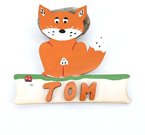 Türschild Name aus Holz für Kinder, Wunschname (Aufgeklebte Buchstaben, Tiere, Fuchs)