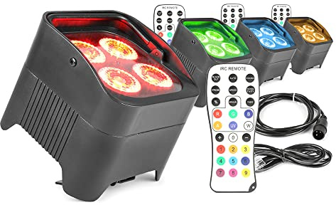 Beamz BBP94 Wireless Battery Uplighters 4-Pack, RGBAW-UV LED Wall Washer PAR Lighting Kit, Portable Rechargeable Wireless Uplighters for Events, DJ, Stage, Wedding & Venue Lighting