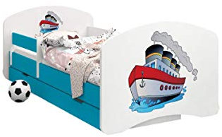 HappyBabies - Doppelseitiges Kinderbett MIT SCHUBLADE Modernes Design mit sicheren Kanten und Absturzsicherung Schaumstoffmatratze 7 cm Blau (EIN großes Schiff, 140x70)