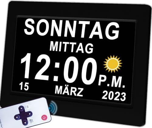 Véfaîî Upgraded, Elektronischer Tag Datum Wecker, 20 Benutzerdefinierte Erinnerungen, 10 Stufen Dimmer, Nicht Abgekürztes Tagesdatum Große Uhr für Senioren - 7 Zoll mit Fernbedienung