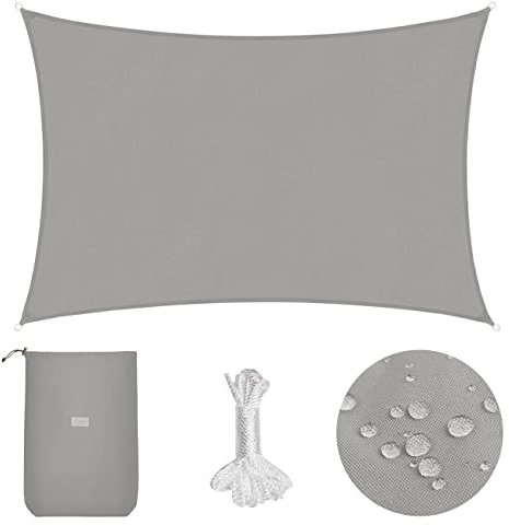 Sekey Sonnensegel Wasserdicht 2x4m Rechteckig PES Polyester, Sonnenschutz 95% UV Schutz Windschutz Reißfest Wetterfest, für Balkon Garten, mit Ösen und Befestigungsseile, Hellgrau