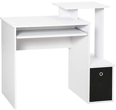 HOMCOM Bureau Informatique multimédia étagères Tablette Clavier Panier Noir Panneaux Particules Blanc, 100x40x86.6cm
