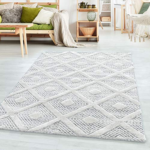 SIMPEX Teppich Läufer 80x150 cm Creme 3D Hoch-Tief Effekt Hochflor Skandi Stil Rauten Design Modern Weich Pflegeleicht für Flur Eingangsbereich Küche Schlafzimmer