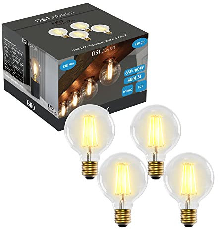 DSLebeen E27 LED Light Bulbs 6W (60W Incandescent Equivalent) G80 Edison Screw Bulb 800lm Decorative Vintage Filament Lighting Clear Globe Glass CRI 90+ Warm White 2700K Non-Dimmable 4 Pack