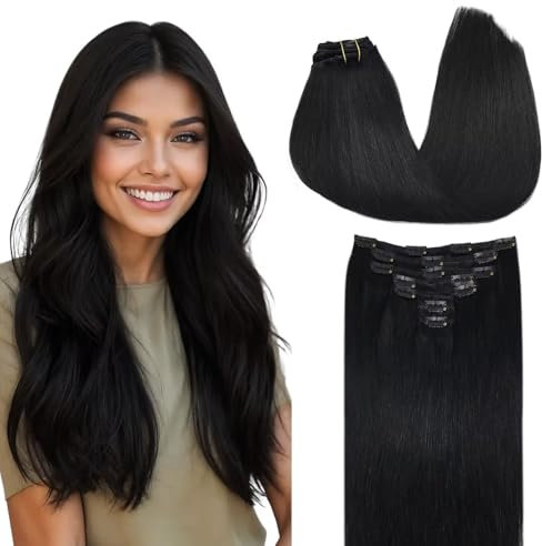 DOORES Clip in Extensions Echthaar, Tief Schwarz 40cm 16 Zoll 7 Stück 120g Echthaar Extensions Clip Gerade Extensions Echthaar Natürliche Echthaar Extensions
