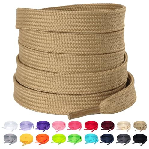 Olukssck Lacci Scarpe Piatti Colorati, [2 Paia] Stringhe Scarpe Resistenti Lacci da Ricambio per Scarpe Sportive, Scarponcini, per Adulti e Bambini - Larghezza 10 mm, Cachi, 180cm