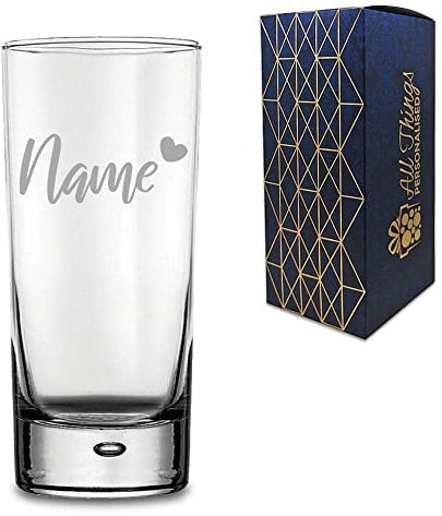 Personalised Engraved Bubble Hiball Glass Tumbler with Name and Heart Design, Gift Boxed, Personalise with Any Name