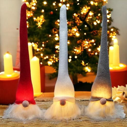 Weihnachtsdeko 3er Set LED Wichtel Weihnachts Deko Fensterdeko mit Filz Mütze Figur zum Hängen H25cm x Ø 5-8cm Biegsamer Anhänger Baumschmuck