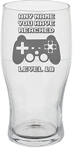Always Looking Good Personalised Engraved 18th Birthday Pint Glass 18th Birthday Gift, 18 Year Old Beer Glass with Any Name Has Reached Level 18 Gaming Controller (Empty Glass)