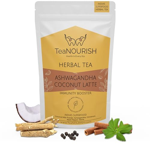 TeaNOURISH Ashwagandha Coconut Latte | CAFFEINE-FREE Herbal Tea | Indian Superfoods Ashwagandha & Coconut | Relieves Stress and Supports Immunity | 100% NATURAL - 3.53oz/100g