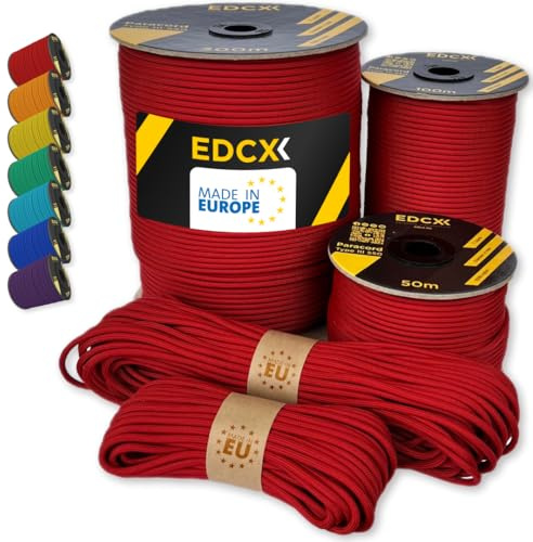 EdcX Paracord 550 4mm, 35+ Solid Colors (10m, 15m, 30m, 50m, 100m, 300m) | Red, 300 m – 100% Nylon Rope 4mm, Type III 7 strand | Survival, Camping, Bushcraft, Crafts | Made in EU