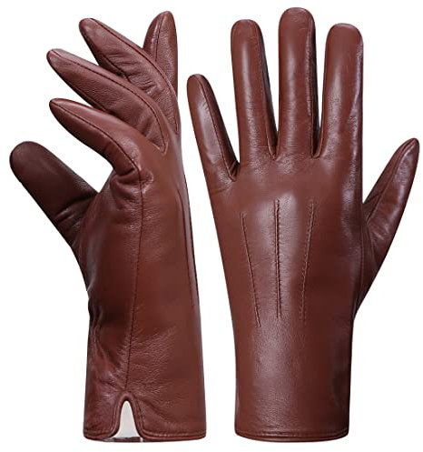 Harssidanzar Damen Lederhandschuhe,Winter Kaninchenfell gefütterte weiche Echtlederhandschuhe KL027EU,Cognac,Größe L