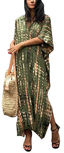 QUNERY Women Kaftan Bathing Suit Bikini Cover Up Free Size Caftans Long Tunic Beach Maxi Dresses Light Army Green one Size