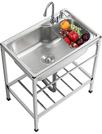 Duchunsheng Fregadero Exterior Fregadero Acero Inoxidable, Fregaderos De Un Seno con Grifo, Fregadero De Cocina De Alta Resistencia Independiente, con Patas Regulables En Altura, para Garaje Bares
