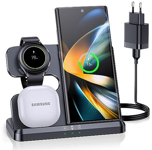 ZUBARR Induktive Ladestation für Samsung 3 in 1 Ladestation Kompatibel für Galaxy Watch 5/5 Pro/4/3/Active 2/1 für Samsung S23 Ultra S22 S21 Z Flip Z Fold 4 3 Note20 Galaxy Buds(Schwarz)