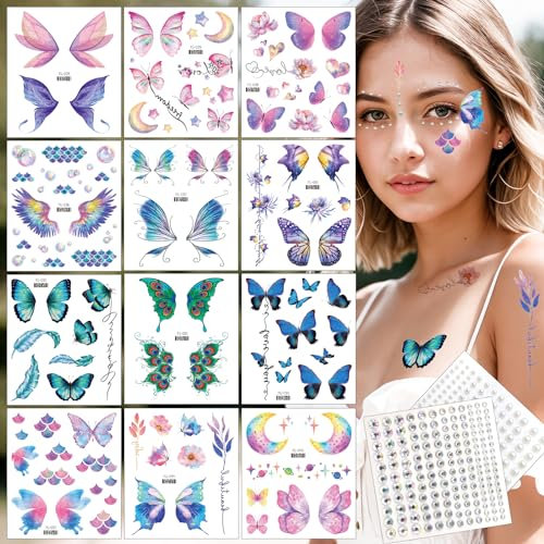 Schmetterling Tattoo Gesicht Glitzer, 14 Blätter Gesichtstattoo Karneval Schmetterling Schminke, Klebetattoos Erwachsene Tattoos Mädchen, Temporäre Tattoos für Fasching, Karneval