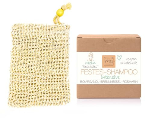 Thats me Organic Festes Shampoo „intensive“ (Sparset mit Seifensäckchen) gegen fettige & schuppige Kopfhaut – Handgemacht mit Brennnessel & Rosmarin – Ergiebiger Shampoo Bar ohne Schmierfilm