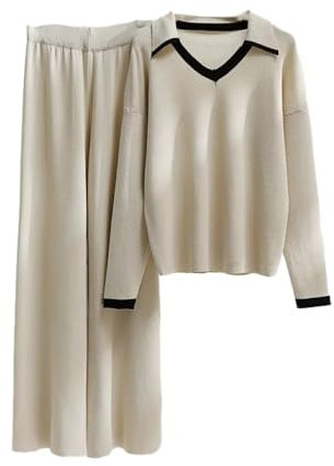 2-Teiliges Strick-Set Für Damen – Lounge-Wear-Sets, Langärmelig, V-Ausschnitt, Pullover, Pullover, Oberteile, Elastische Taille, Hosen, Zweiteilige Outfits, Damen-Trainingsanzug-Set, Wie Abgebilde