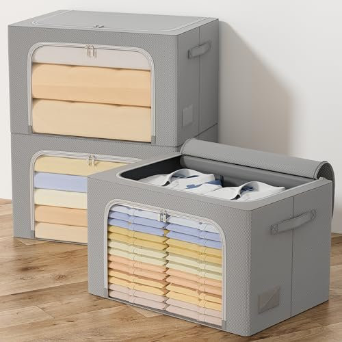 GoMaihe 3 Stück Aufbewahrungstasche mit Metallrahmen 270L - Stapelbare Aufbewahrungstasche für Bettdecken Kleidung - Faltbare Kleideraufbewahrung Box Abstellraum Kleiderschrank Organizer (Grau,90L)
