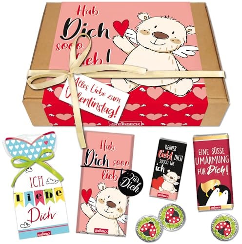 STEINBECK Geschenkbox Valentinstag - Hab Dich lieb - Schokolade Fruchtgummi Taler Minischokolade Freund Freundin Schatz Lieblingsmensch