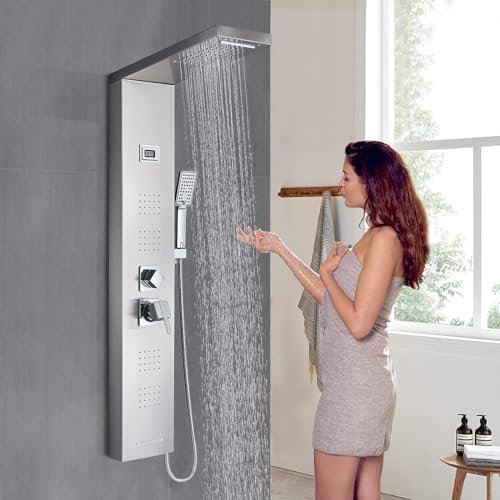 Colonna Doccia Idromassaggio in Acciaio Inox 5 Funzioni Pannello Doccia Set e di Temperatura (Display LCD) per Bagno,Soffione Fisso,Massaggi,Doccetta e Bocca Vasca