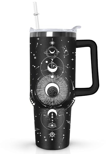 Ceovfoi Goth-Becher mit Henkeldeckel und Strohhalm, 1,2 l Fassungsvermögen, Sonne und Mond, Gothic-Hexe, Reisebecher, Astrologie, Hexengeschenke für Frauen, Gothic-Halloween-Dekoration, Hexenzubehör