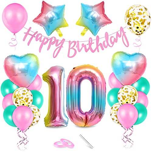 Luftballon 10. Geburtstag Rosa - Deko Set Mit Riesen Folienballon Zahl 10, Happy Birthday Folienballon, Ballon Zum Geburtstag Für Mädchen