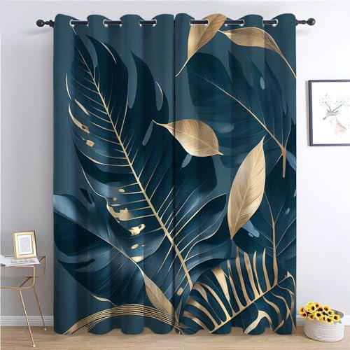 Verdunklungsvorhänge Blaue Blätter H215 x B110 cm Vorhang Blickdicht Wohnzimmer Modern Gardinen Sonnenschutz Verdunkelungsvorhang für Kinderzimmer 2er Set