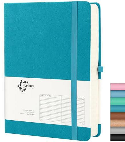 Notizbuch A5 Liniert, Hardcover Journal Notizbücher, mit 320 Seiten, 100g/m² Dickes Papier, Mehrfarbige Registerkarten, Stiftlasche und Dokumententasche, Geeignet für Schulen und Büros (Pfauenblau)