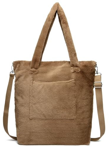 JANSBEN Fleece Handtasche Damen Plüschiges Schultertasche Kunstfell Flauschig Umhängetasche Winter Shopper Tasche Groß Weich Süß für Arbeit Reisen Einkaufen Geschenk