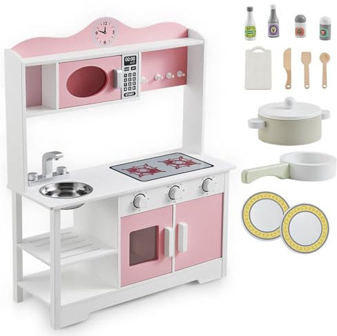 Juskys Kinderküche Jona - Spielküche mit Zubehör - Holz Spielzeug, Küche für Kinder - Wasserhahn & Küchenspüle - Holzküche, Spielzeugküche - Weiß Rosa