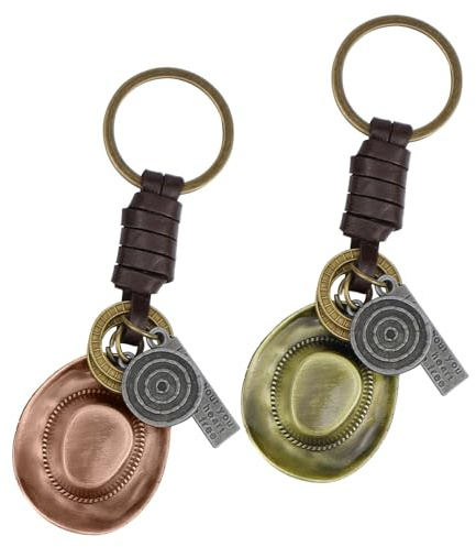 FERCAISH 2 Stück Rindsleder Cowboy Hut Keychain, Cowboyhut Kappen Schlüsselanhänger, Retro Eisen Tag Schlüsselhalter, für Auto Handtasche Schlüssel (Rotbronze + Goldbronze)