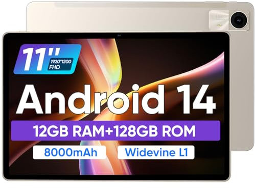 JIKOCXN Tablet 11 Zoll Android 14 Tablet, 12GB RAM+128GB ROM (1TB TF), Octa-Core, 1920x1200 FHD Display Widevide L1, 8000mAh Akku, 18W PD, WLAN 5, BT5.0, Dual Kamera, GPS (Gold)