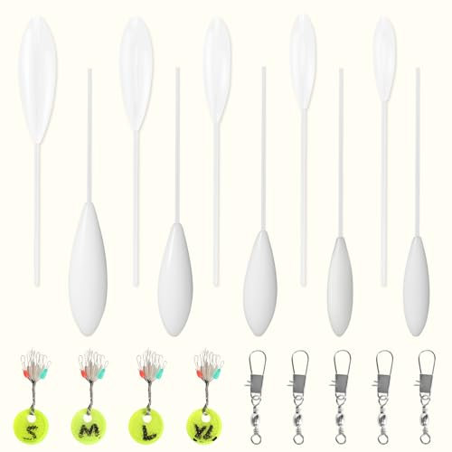 19 Stück Fishing Sbirolino Set Sbirolino Schwimmend 8g, 10g, 12g, 15g, 20g, 25g Spirolino Sinkend 8g, 10g, 15g, 20g, 25g, 5 Stück Dreifachwirbel und 4 Größen Schnurstopper
