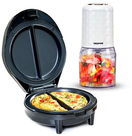 Geepas 1000W Omelette Maker & 400W Mini Food Processor Combo Set | Dual Electric Non-Stick Egg Cooker for Omelettes Fried Poached & Scrambled Eggs | 500ML Food Chopper for Chopping Salsa Pesto Pastes